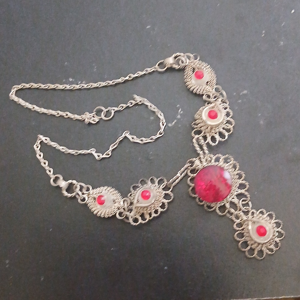 Stunning Red Gem Sterling Wire Work Antique Necklace